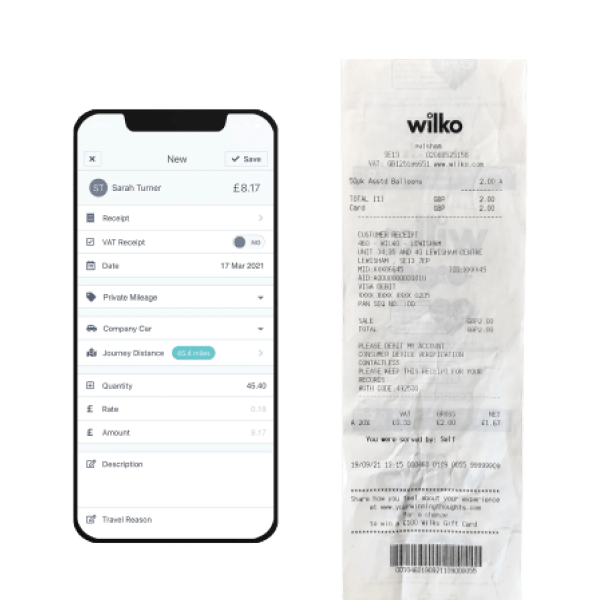 Mobile expense management app capturing and processing a receipt with OCR for automated reimbursement tracking